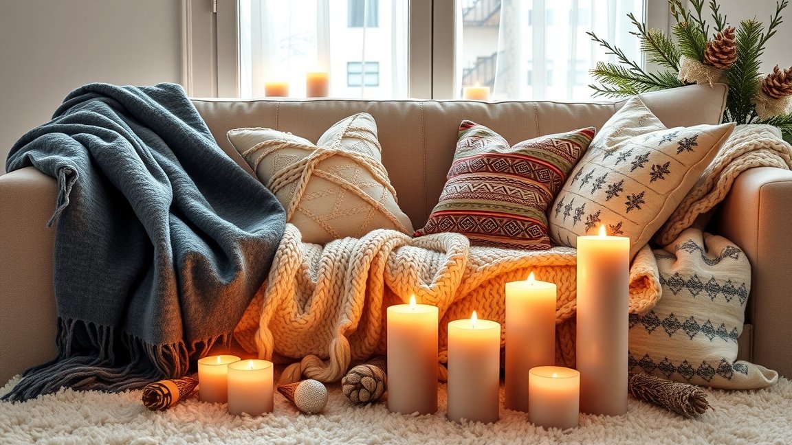 Téli bekuckózás táska takarókkal, párnákkal és gyertyákkal