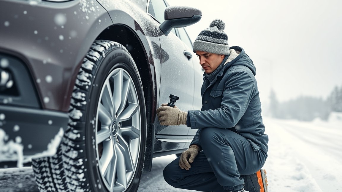 Férfi téli gumi nyomásellenőrzést végez autóján hóesésben.