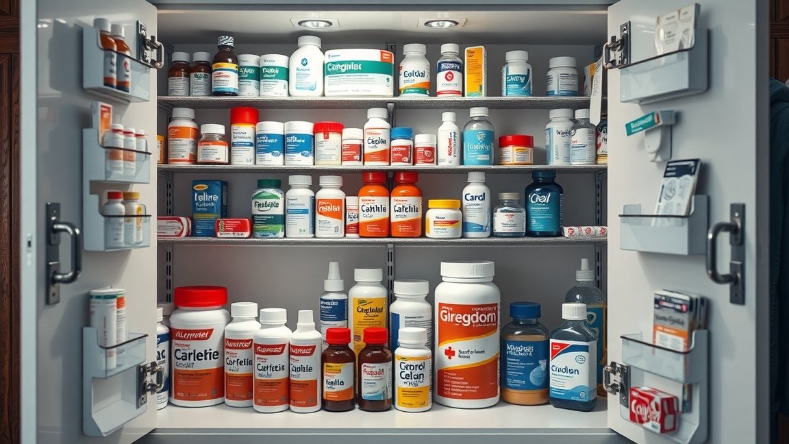 Téli gyógyszerkészlet az otthoni gyógyszekrényben