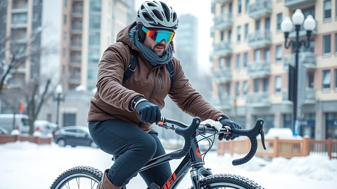 Téli kerékpáros ruházatban tekergőző kerékpáros városi környezetben