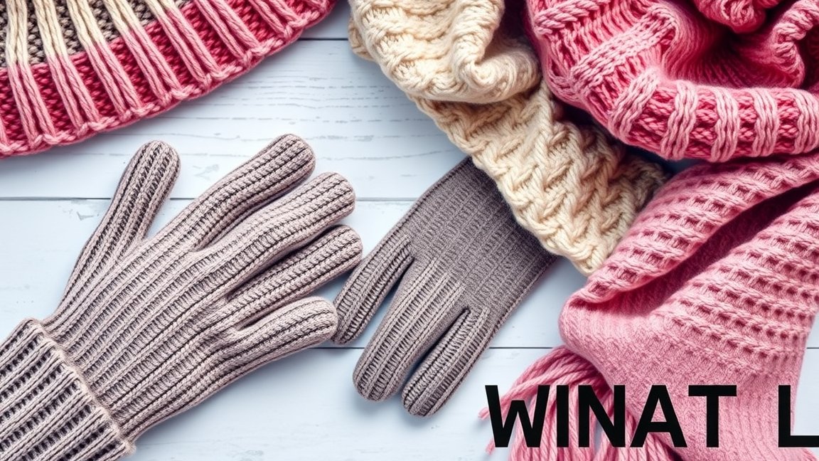 Téli kesztyű, sapka és sál részletei, különböző színekben és stílusokban.