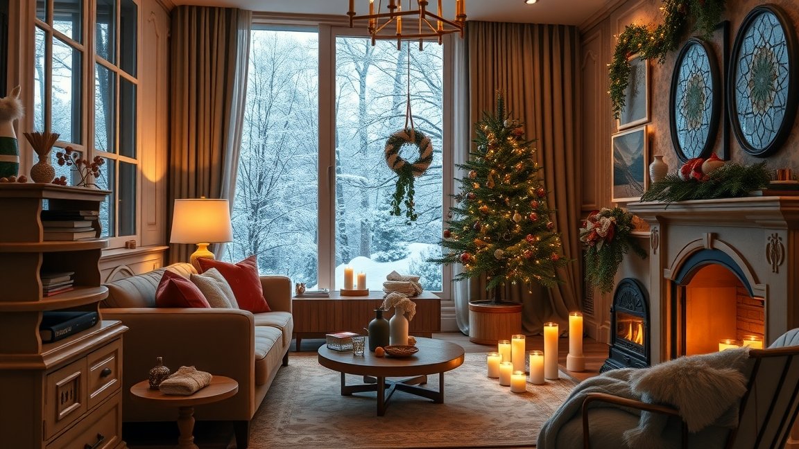 Téli lakásillatosító olajokkal díszített otthon, karácsonyi hangulatban.