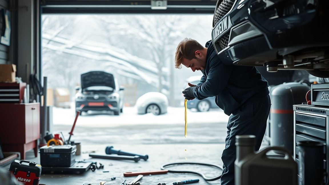 Motorolaj csere téli időszakban autószerelő műhelyben