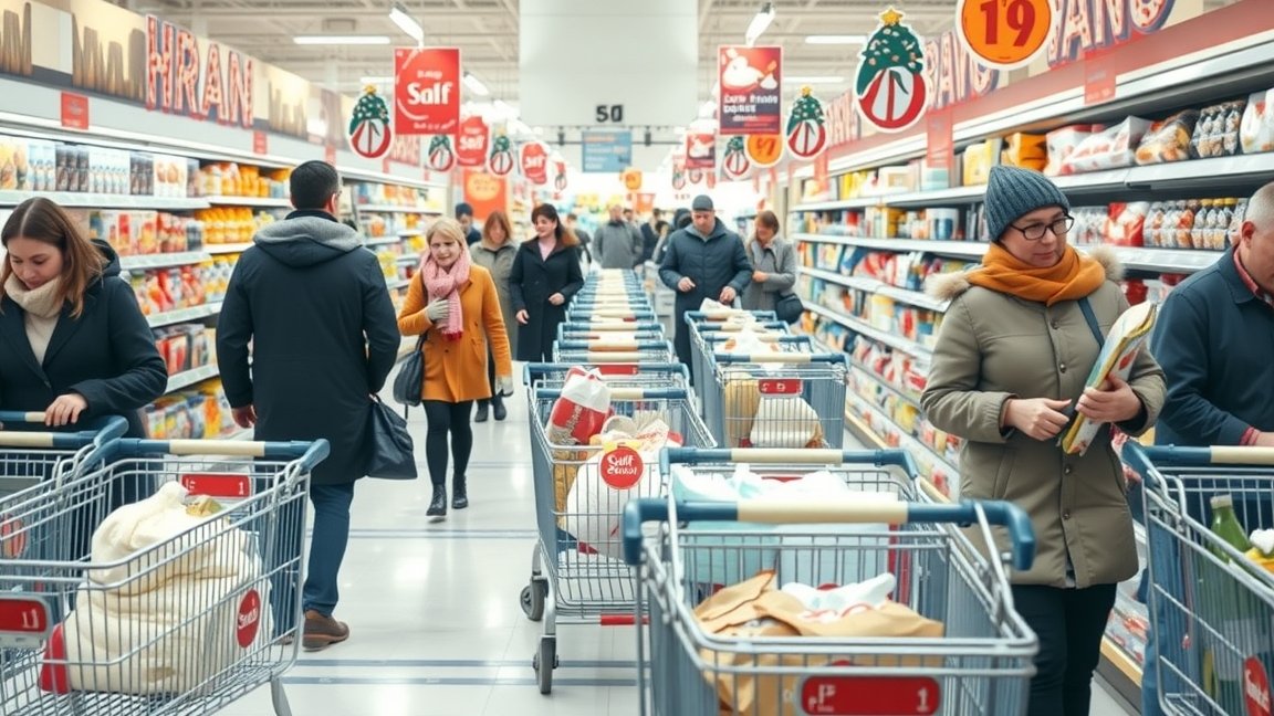 Kép egy bolt belső teréről, ahol vásárlók téli nagybevásárlást végeznek.