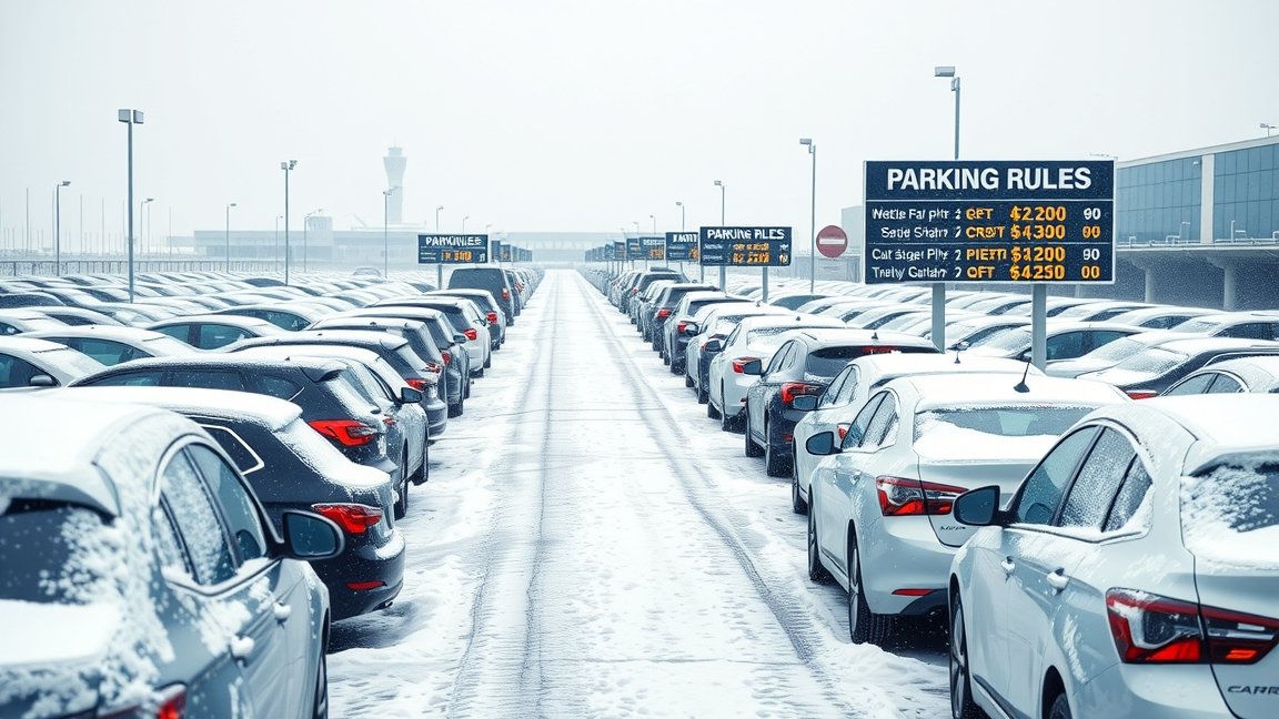 Téli reptéri parkoló autók és díjak a hóban