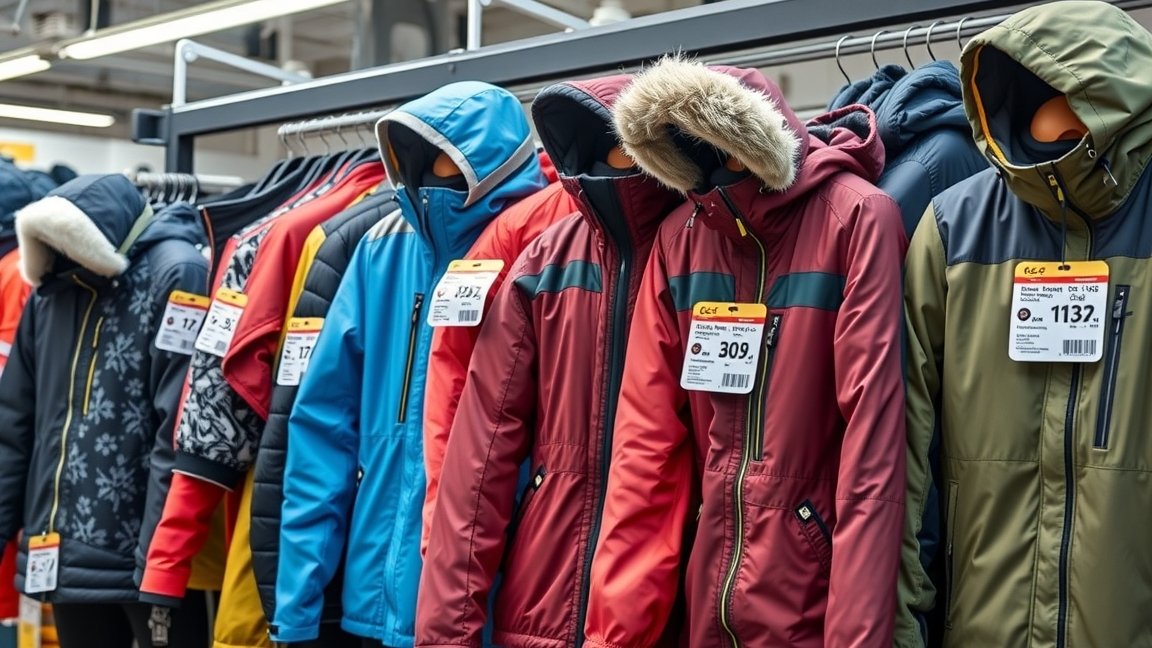 Téli sportruházat különböző kabátokkal az üzletben.