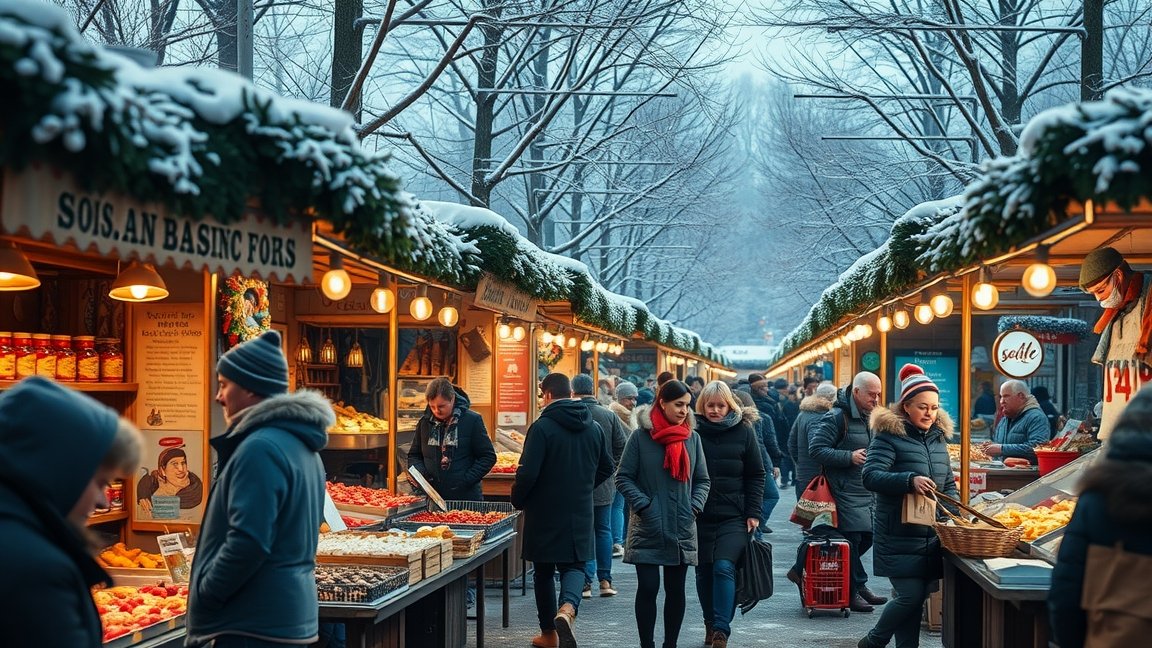 Téli street food piac forgalmas látképe hóval borított fákkal.