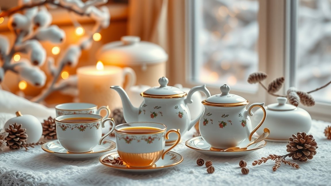 Elegáns téakészlet télies környezetben, hagyományos stílusban.