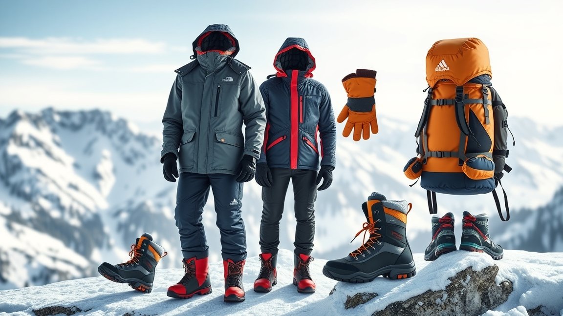 Téli túrafelszerelés szett, beleértve kabátot, bakancsot, kesztyűt és hátizsákot.