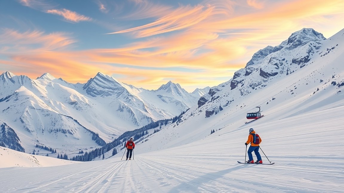 Síelés a festői téli hegyvidéken naplementében.