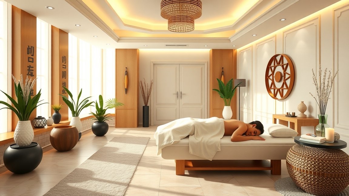 Teljes testmasszázs wellness központban, relaxáló környezetben.