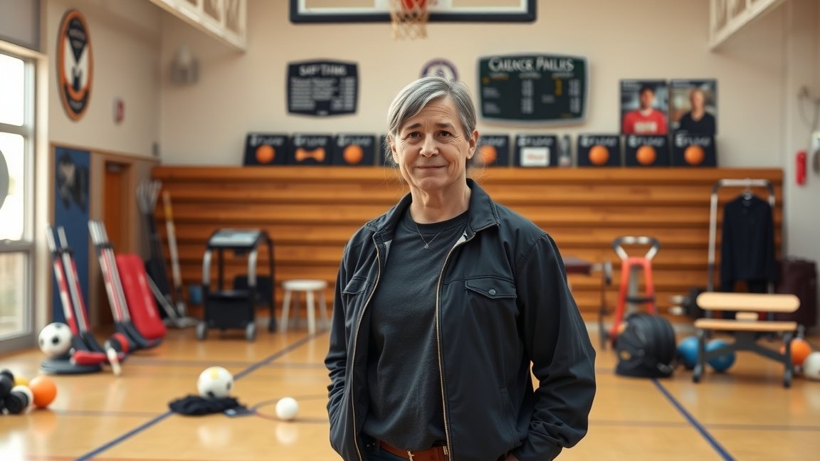 Testnevelő tanár egy iskolai tornateremben, sporteszközökkel.