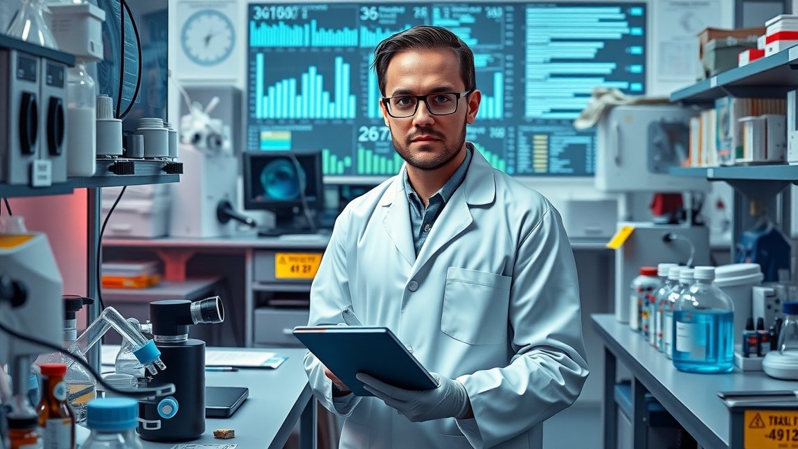 Tudós laboratóriumi környezetben, adatokat elemző tabletet tartva.