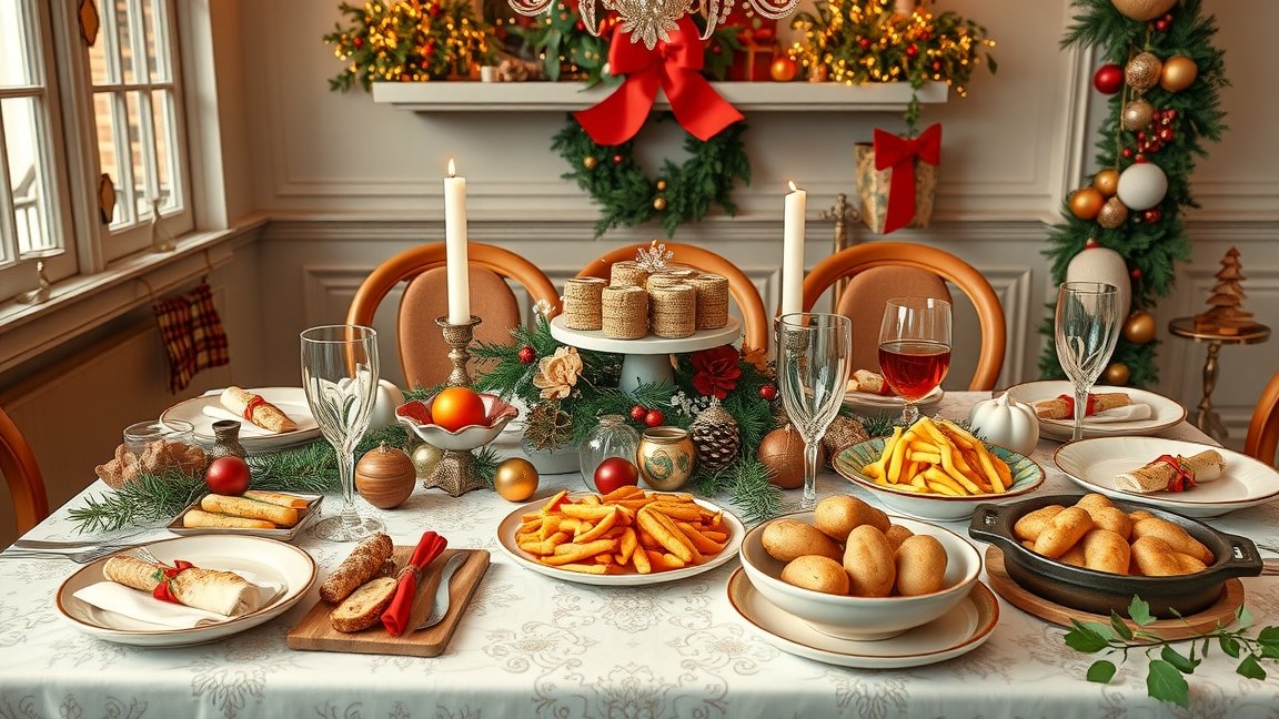 Ünnepi asztal megterítése finom ételekkel és dekorációval