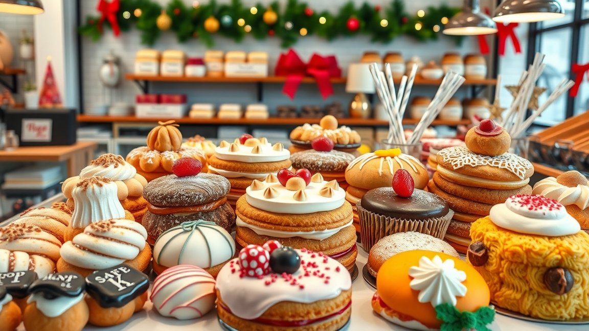 Karácsonyi édességek és sütemények a pékségben az ünnepi időszakban.