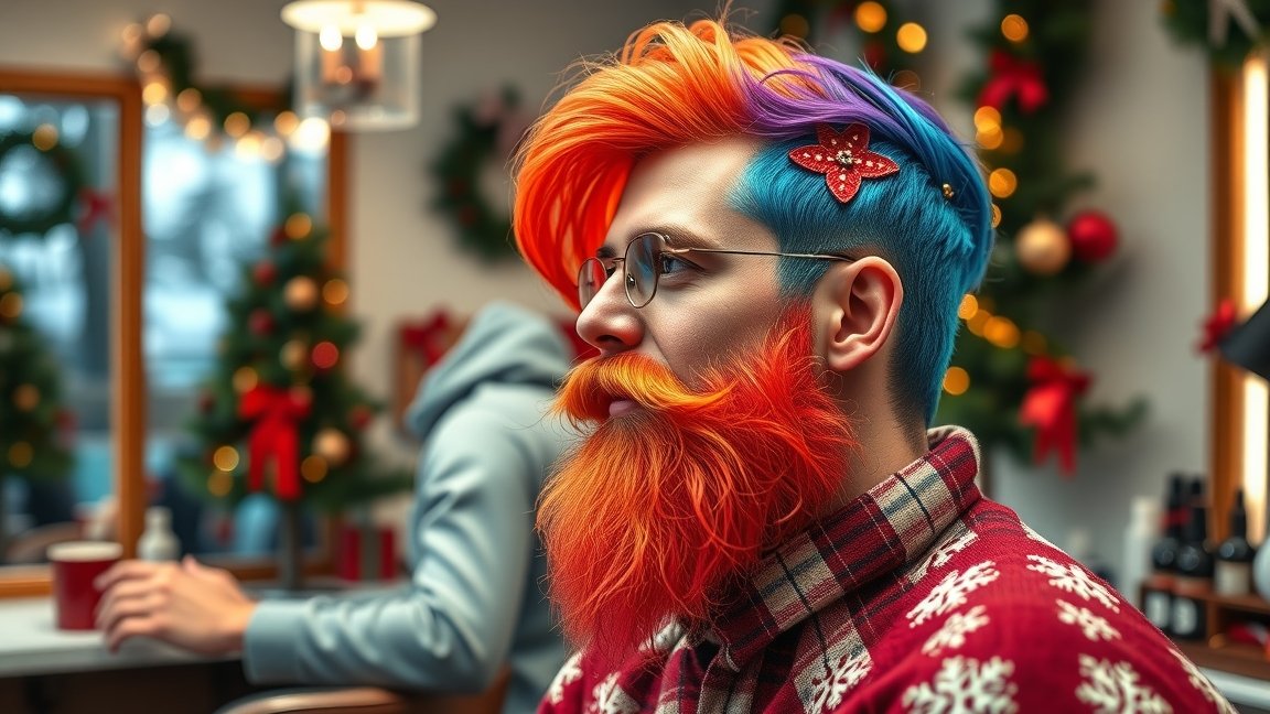 Színes hajfestés és szakállápolás ünnepi stílusban.