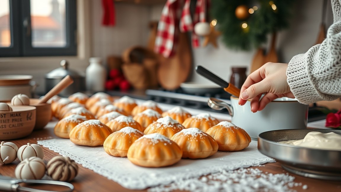 Frissen sült pogácsák az ünnepi sütéshez, konyhai eszközökkel.