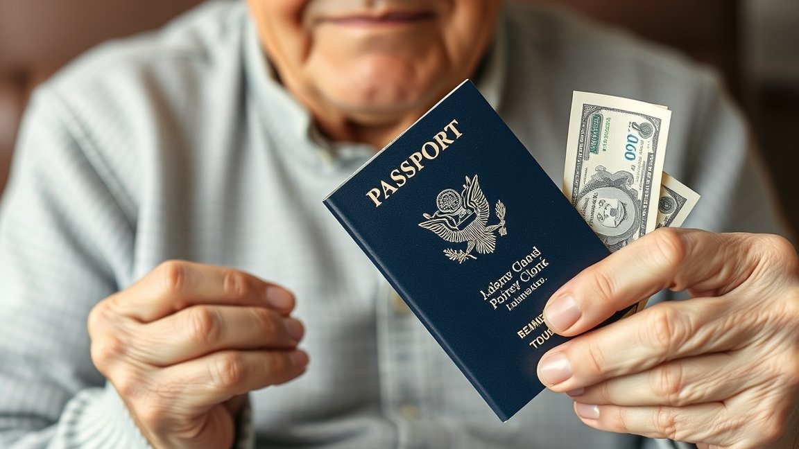 Idős férfi útlevéllel és készpénzzel az utazás előtt.