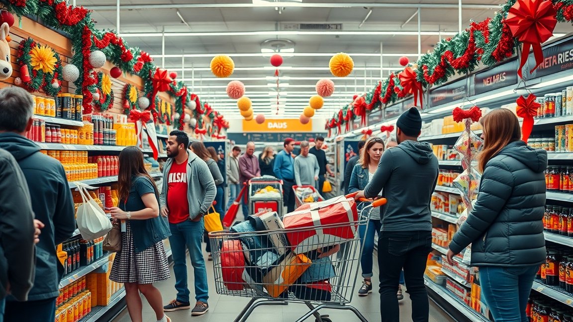 Utolsó pillanatos szilveszteri bevásárlás a boltban ünnepi díszítéssel.