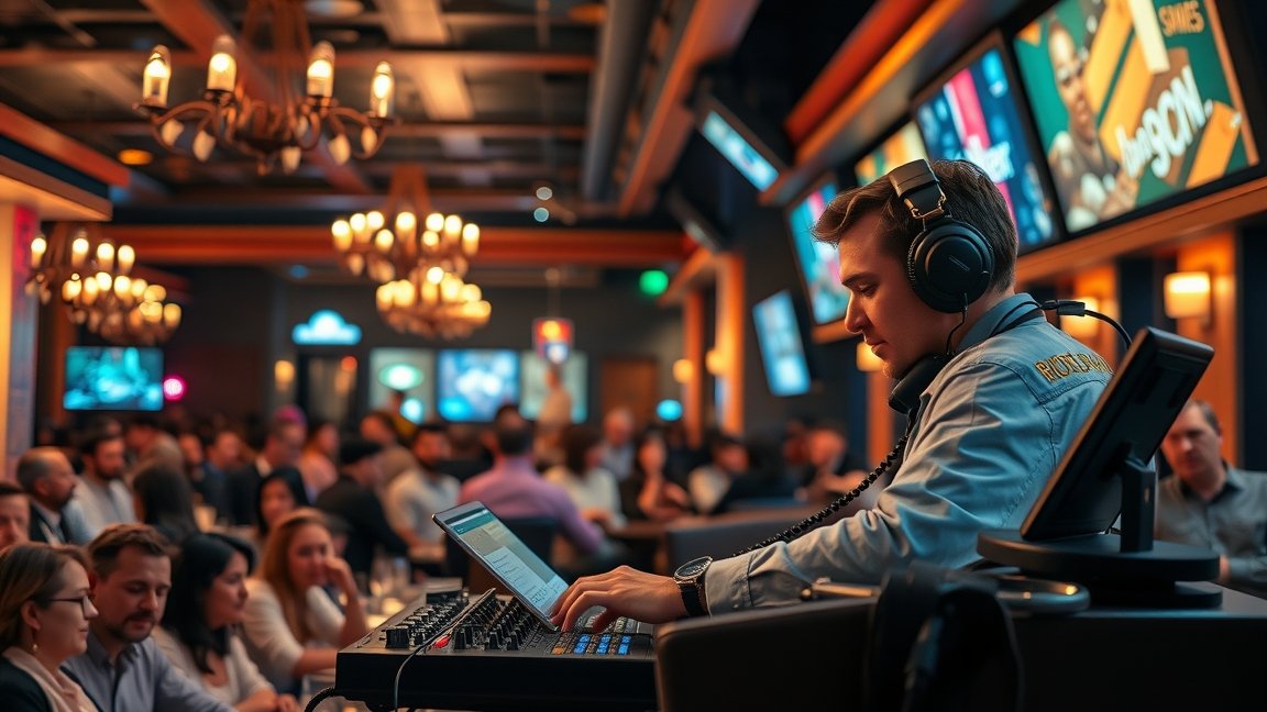 Vendégtéri szaktechnikus munka közben egy bárban, vendégek körében.