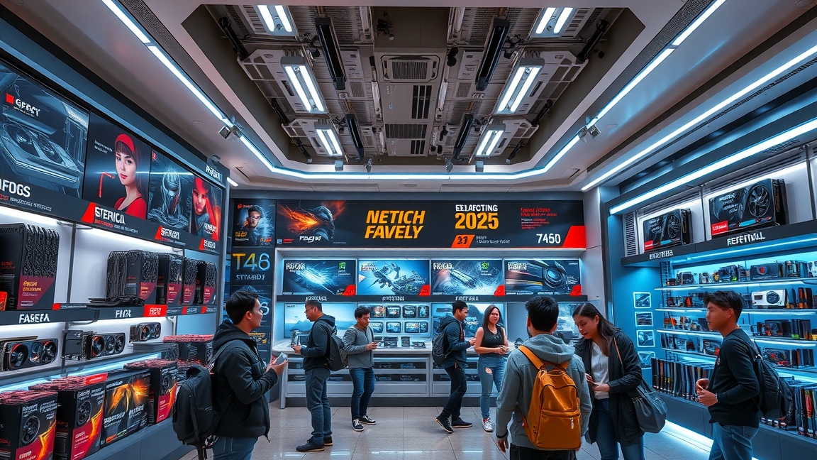 Videókártyák és árak 2025 gyártói bemutatója egy boltban.