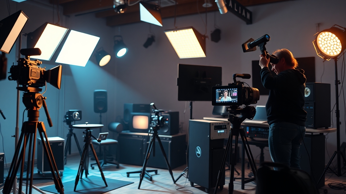 Videoklip forgatás stúdióban, kamerával és világítással.