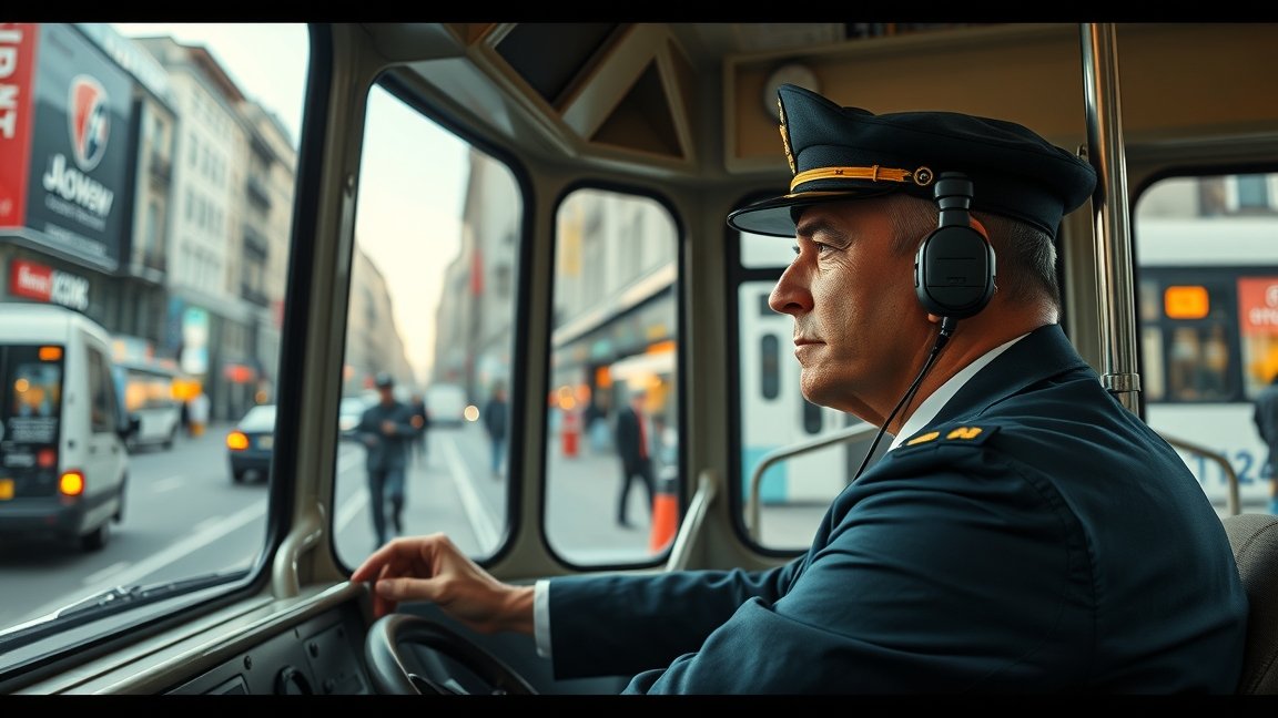 Villamosvezető a vezetőfülkében, városi forgalomban.