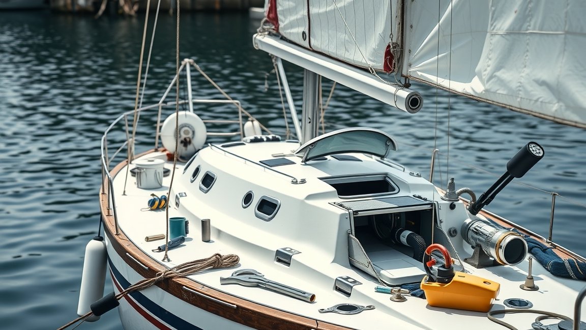 Vitorlás hajó részletei a vízen, karbantartási igények