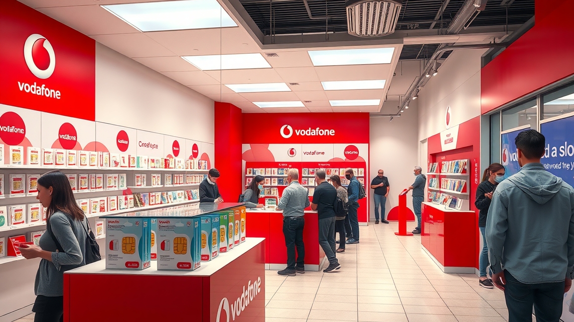 Vodafone bolt belső nézet SIM-kártyákkal és ügyfelekkel.