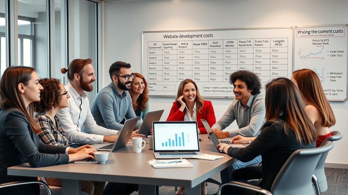 Weboldal fejlesztési csapat meetingje költségekről és árakról.