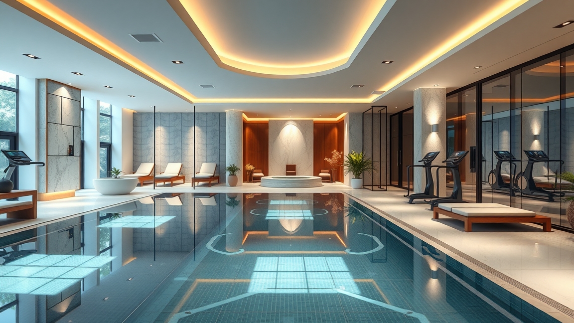 Modern wellness központ medencével és pihenőterülettel