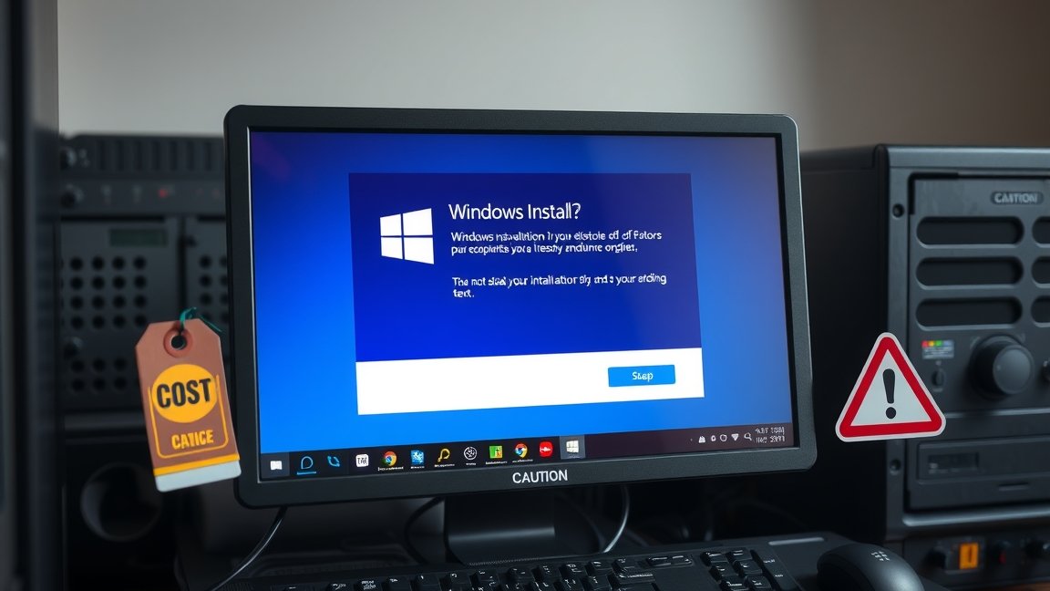 Windows telepítés folyamata monitoron, figyelmeztetéssel és árakkal.