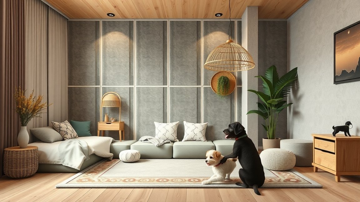 Két házi kedvenc egy modern nappaliban, kényelmes bútorok között.