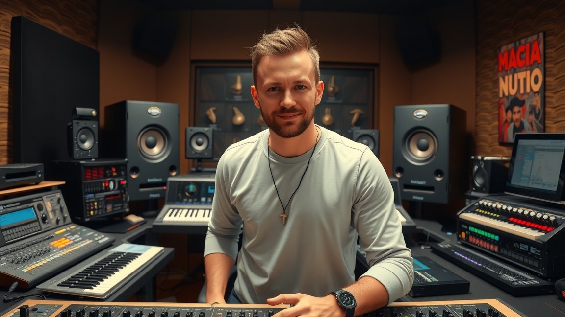 Zenei producer stúdióban, modern berendezésekkel.