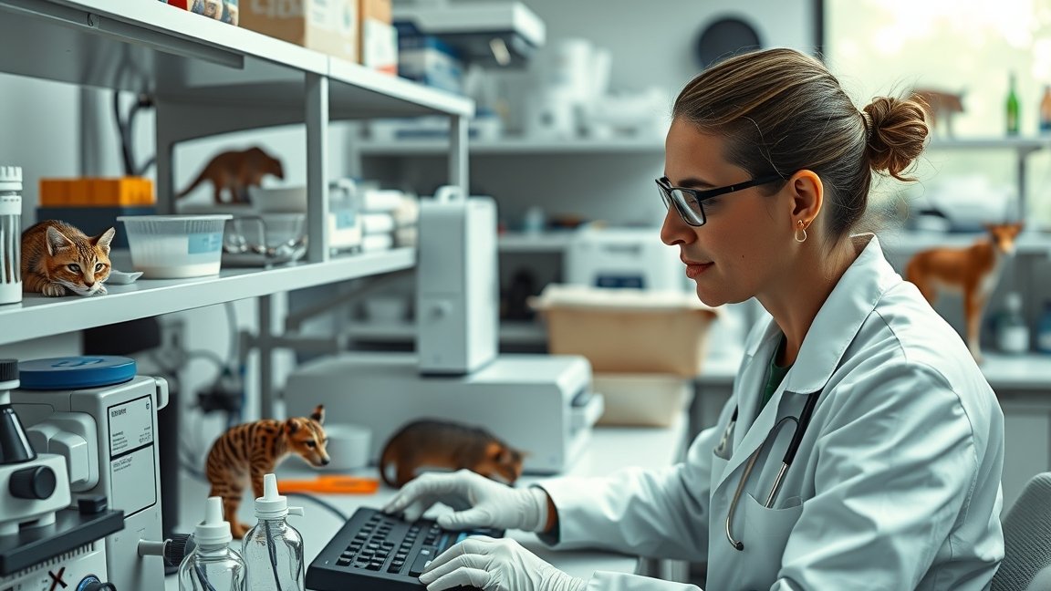 Zoológus laboratóriumban dolgozik állatokkal