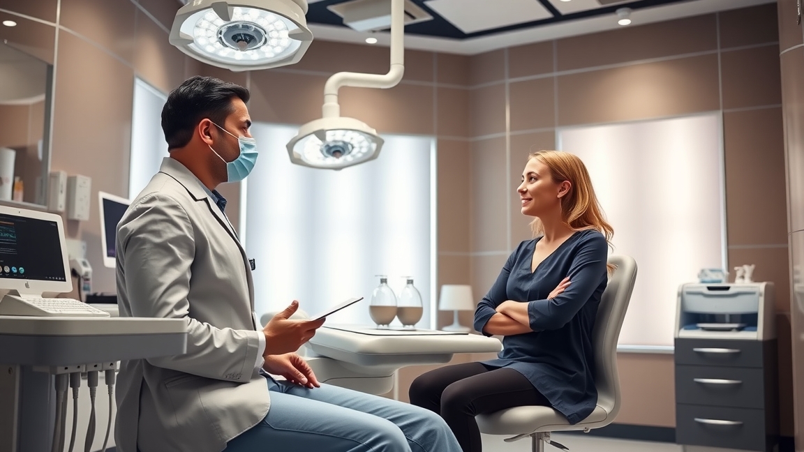 Orvosi konzultáció zsírleszívás előtt egy modern rendelőben.