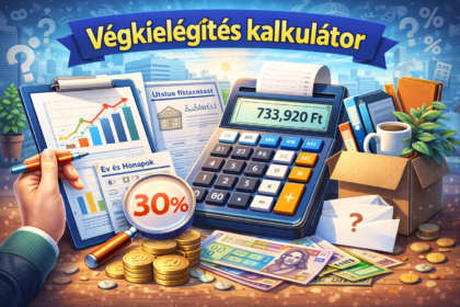 Végkielégítés kalkulátor, pénz és dokumentumok az online segítőhöz.