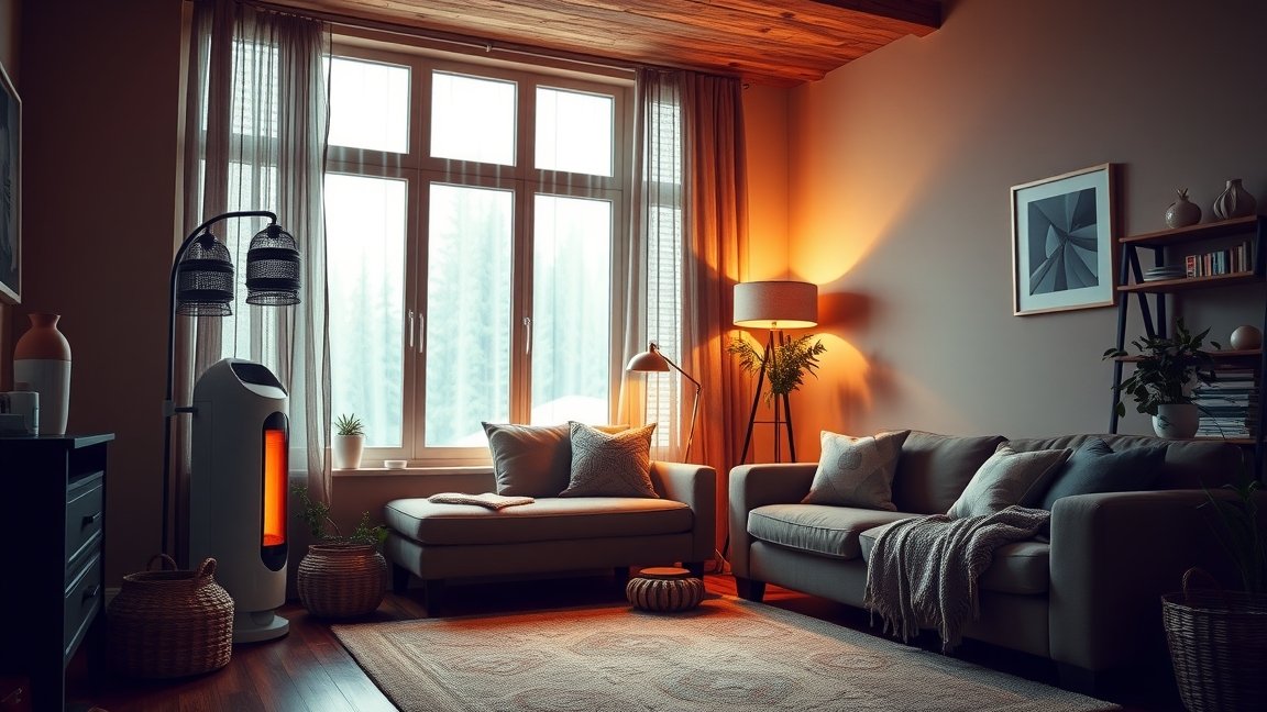 Modern hősugárzó egy otthoni nappaliban, meleg fényekkel