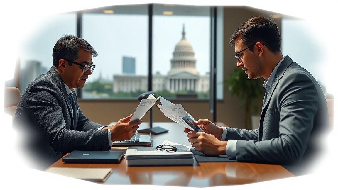 Két férfi állampapírokat és pénzügyi dokumentumokat vizsgál a munkahelyen.