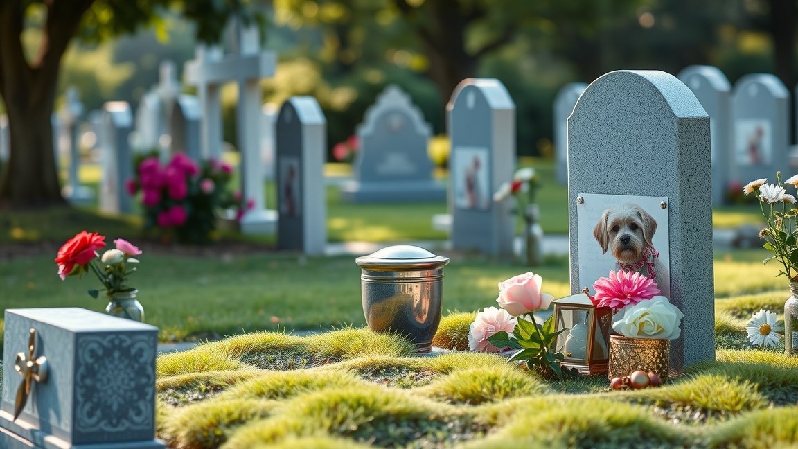 Egy állat síremléke virágokkal és urnával egy állattemetőben.