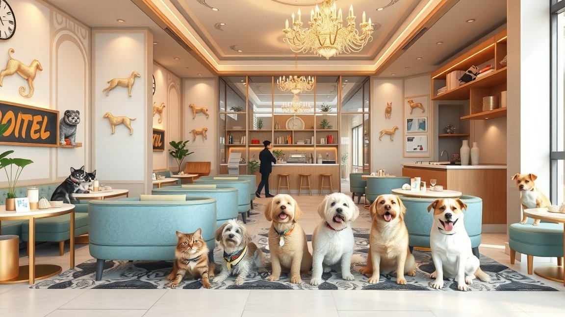 Modern állathotel belső tér, kutyák és macskák társaságában