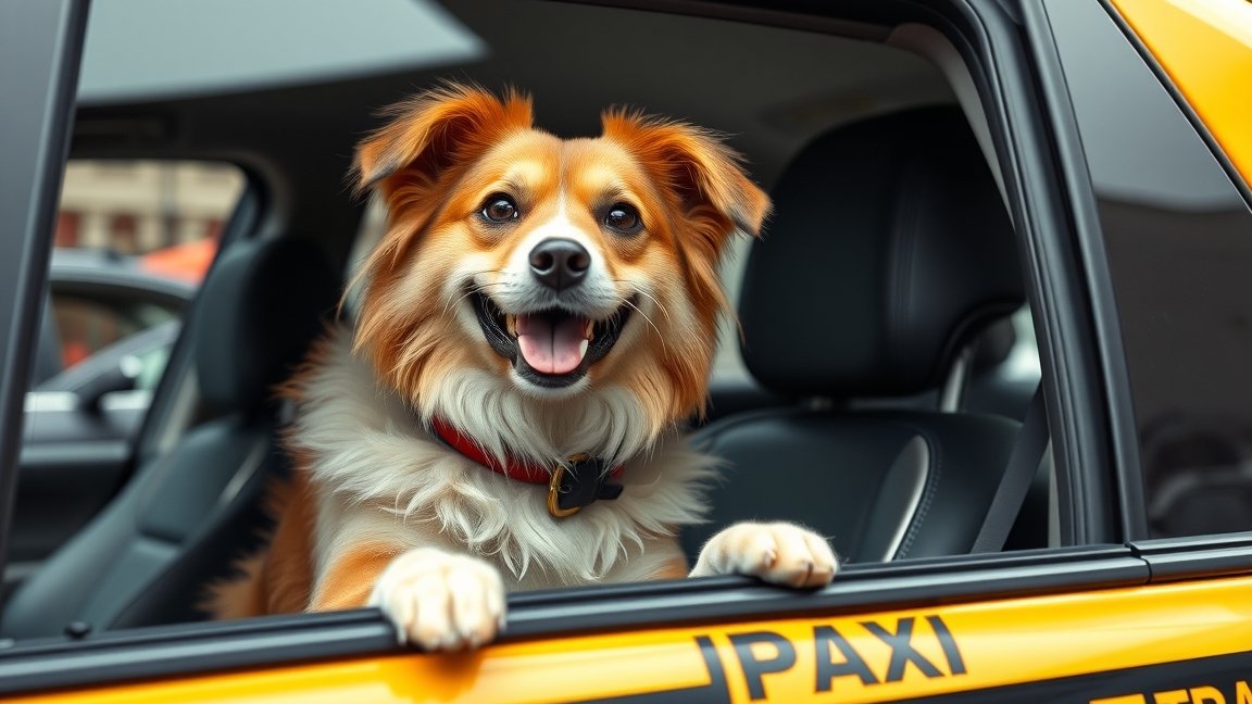 Kedves kutya egy taxiban, kész az utazásra.