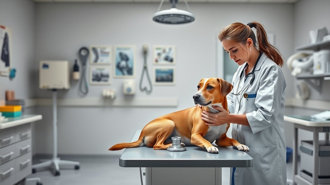 Állatorvos és kutya vizsgálat közben egy rendelőben.