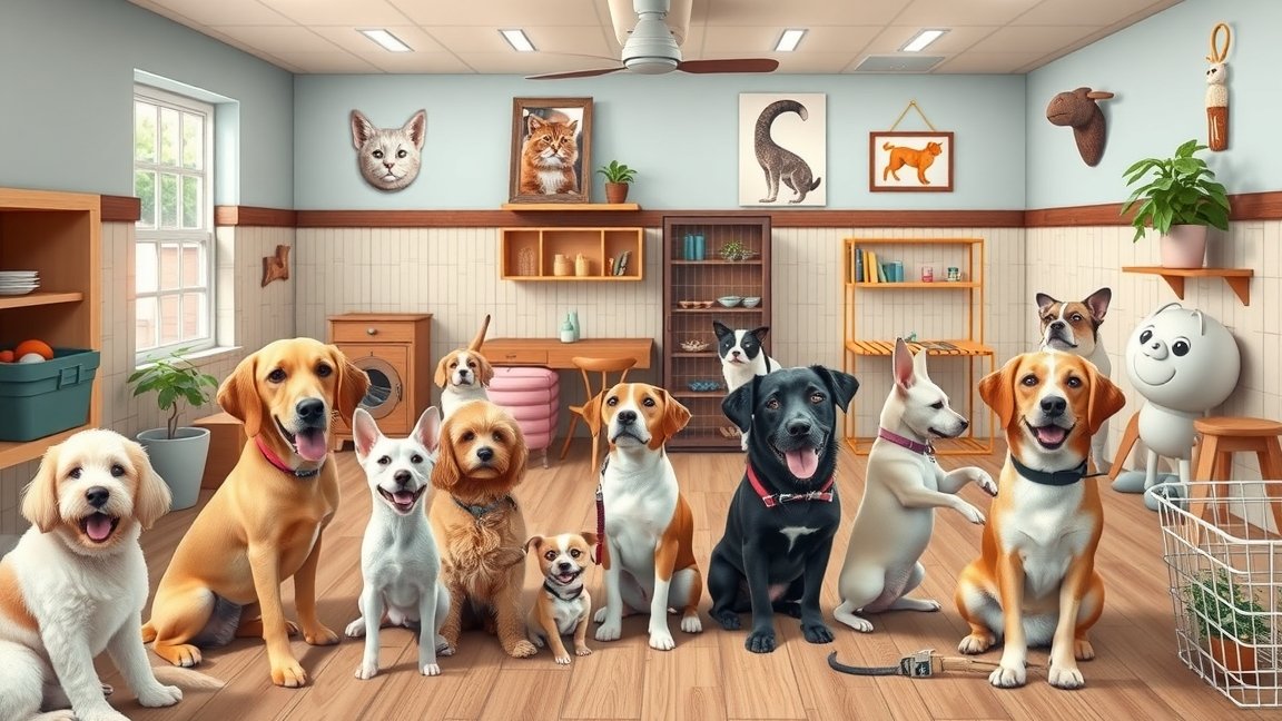 Különböző kutyák egy állatpanzióban, barátságos és vidám légkörben.