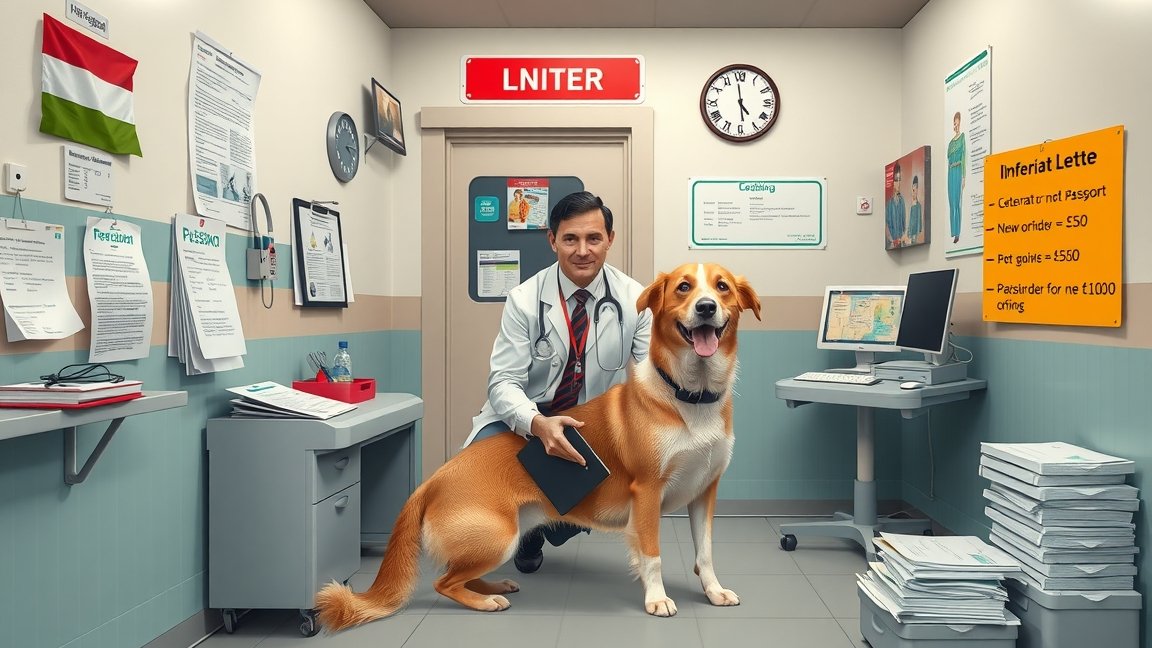 Állatorvos kutyával az állatorvosi rendelőben Magyarországon.