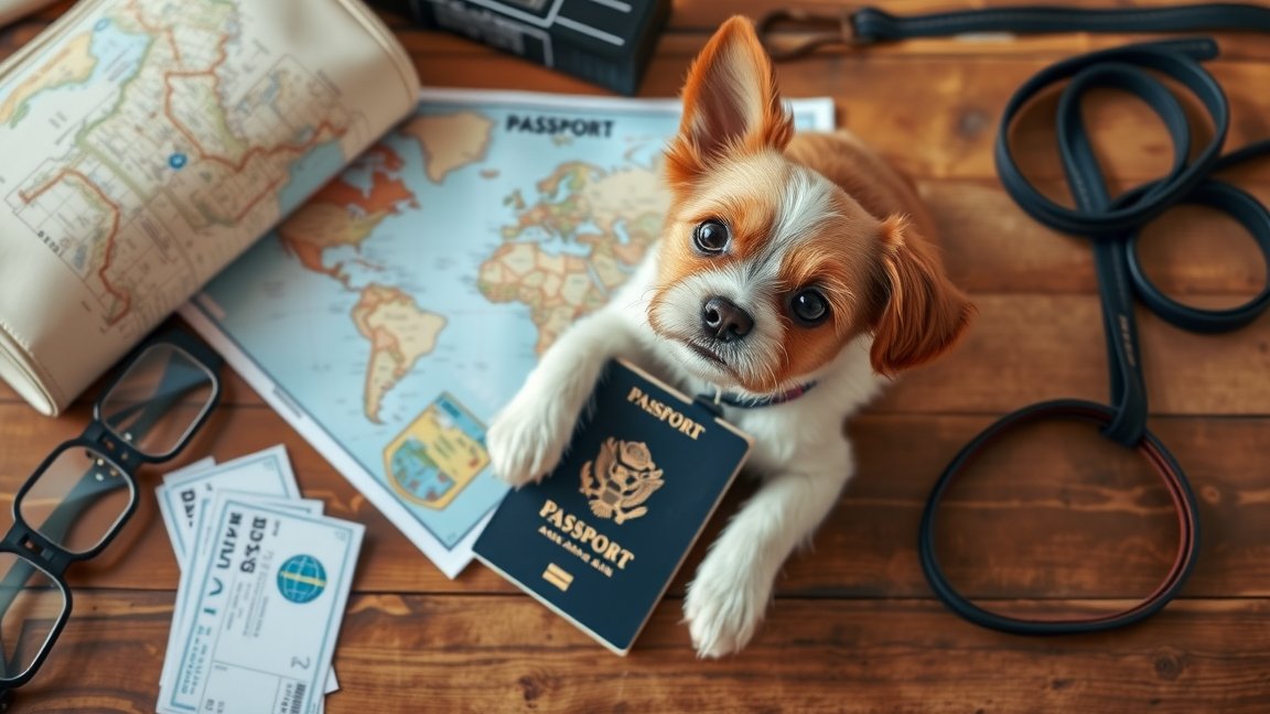 Kiskutya állatútlevéllel utazás előtt, térképpel és jegyekkel.