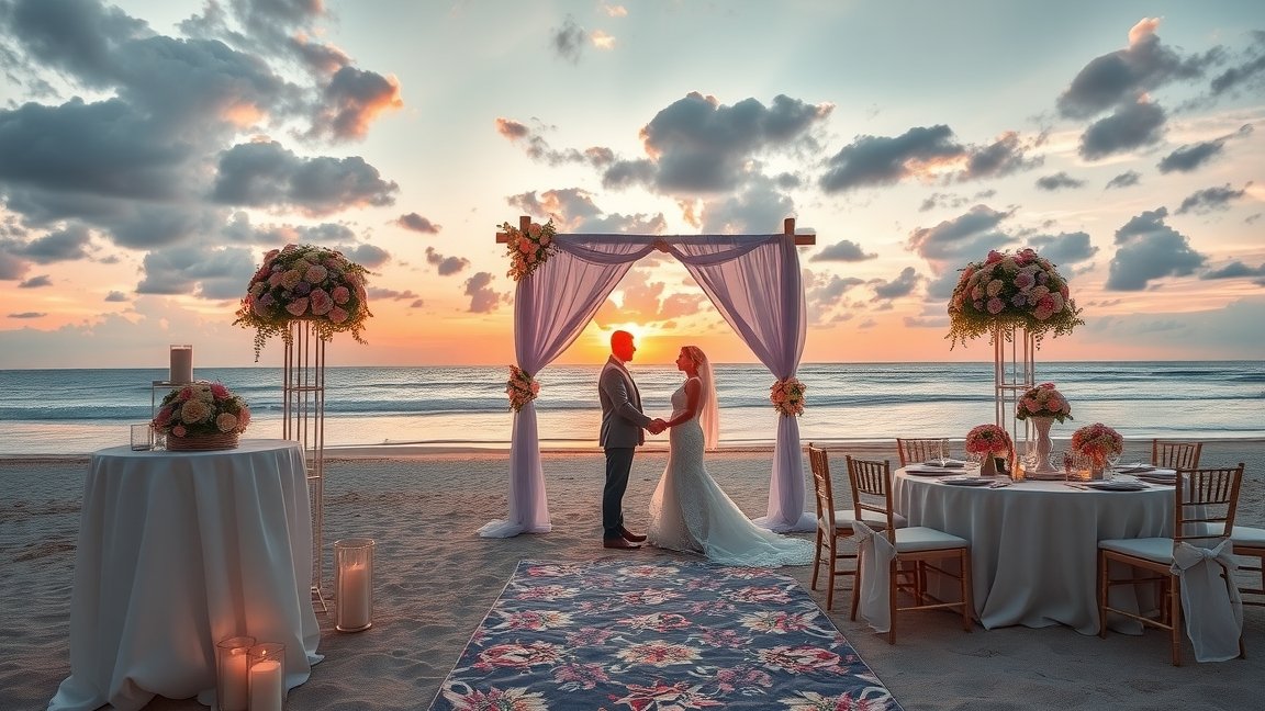 Egy fiatal pár esküvője a tengerparton naplementében.