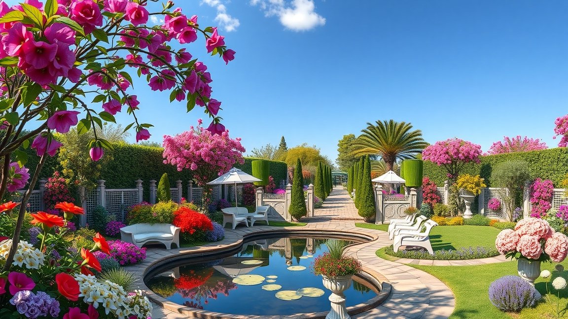 Gyönyörű álomkert virágokkal és pihenőhelyekkel.