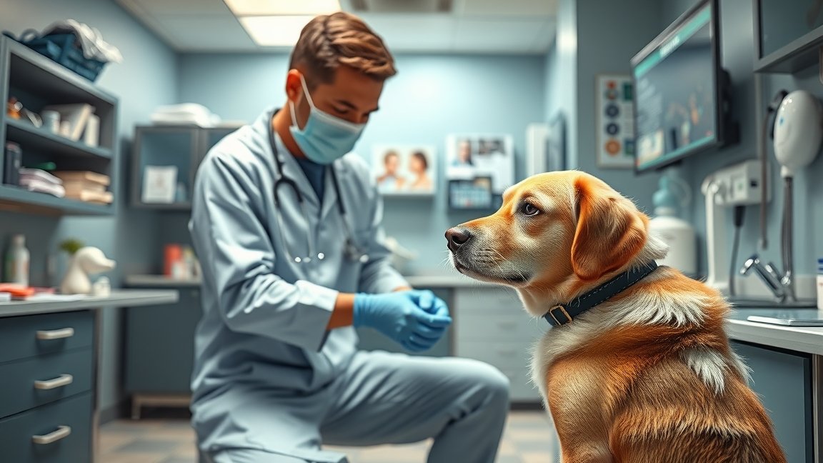 Állatorvos és kutya a klinikán, állatorvosi vizsgálat közben