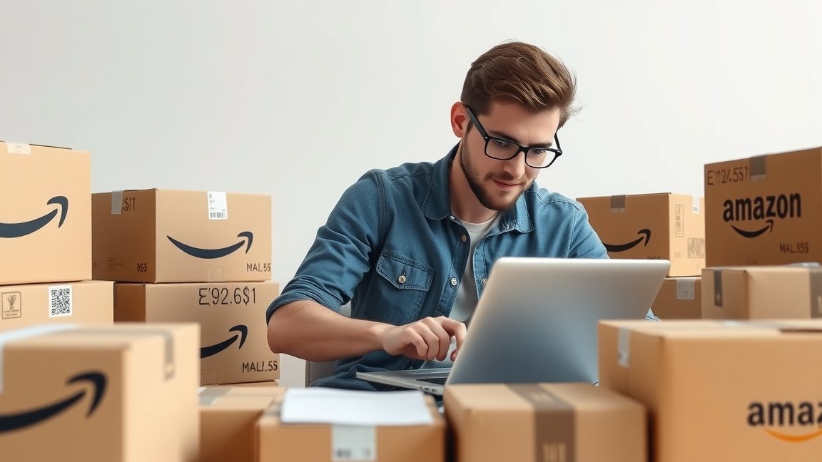 Férfi laptopon dolgozik Amazon dobozok között
